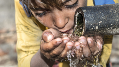 a young thirsty boy is drinking clean and sweet water