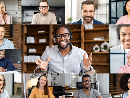Confident African male business coach holding online webinar, a group of diverse people involved. Online video meeting of multinational work team, video call screen with a many people profiles on it